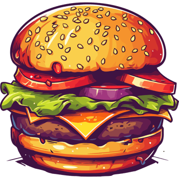A cartoon burger with cheese, lettuce and tomatoes png