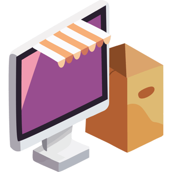 A computer monitor and a box with a purple awning png