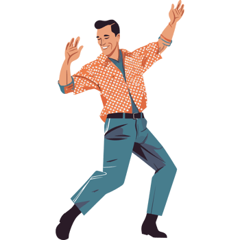 A man in a polka dot shirt and blue jeans dancing png