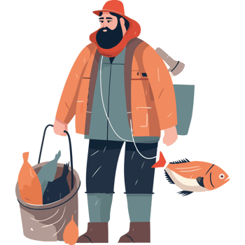 A man with a fishing rod and bucket of fish png