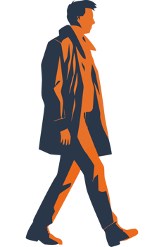 A man walking in an orange and blue coat png