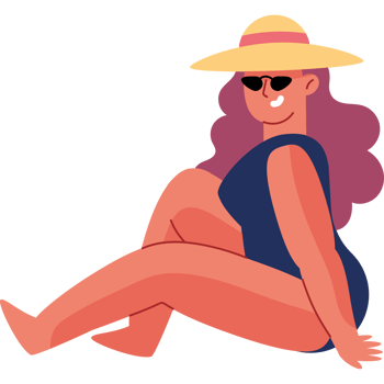 A cartoon woman in a hat and swimsuit sitting on the ground png