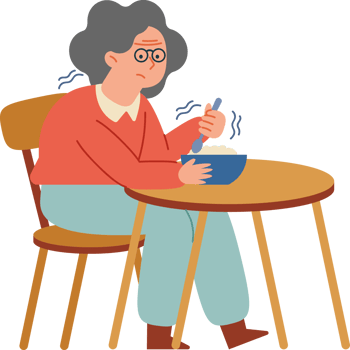 An elderly woman sitting at a table with a bowl of soup png