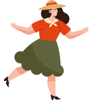 A cartoon woman in a hat and green skirt png