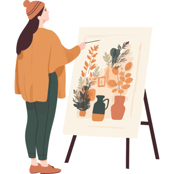 A woman is painting on an easel with flowers png
