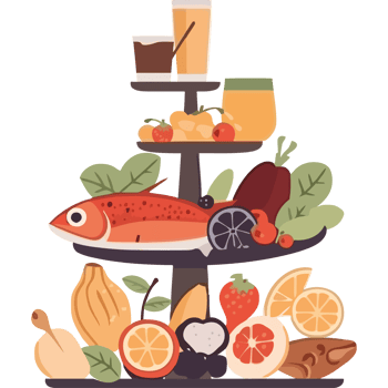 A plate with fish, fruit, and vegetables png