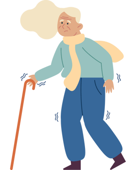 An illustration of an elderly woman walking with a cane png