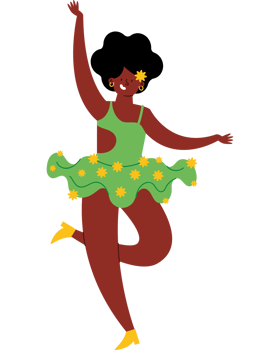 A cartoon black woman in a green dress and yellow flowers png