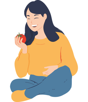 A woman is sitting on the floor holding a tomato png