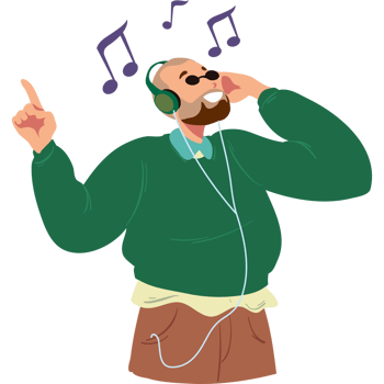 A cartoon man with headphones and a beard is listening to music png