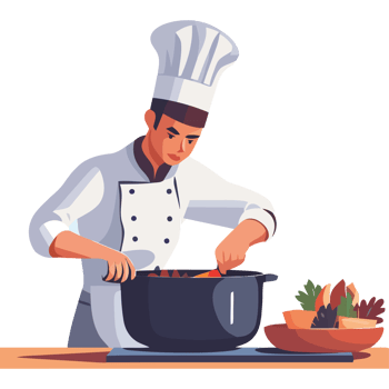 Chef cooking food in a pot on the stove png