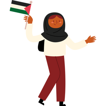Cartoon illustration of a palestinian woman holding a palestinian flag png