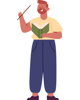 Man reading book with feather in hand png