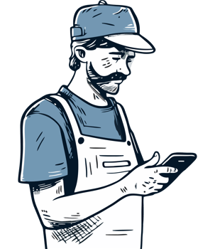 A man in an apron and hat holding a cell phone png
