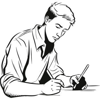 A black and white drawing of a man writing png
