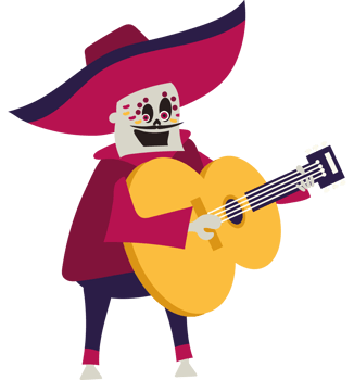 A cartoon skeleton playing the guitar png