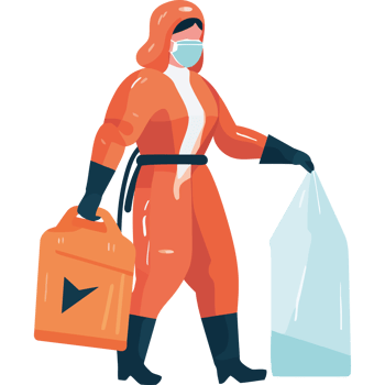 A woman in an orange suit and mask is carrying a bag png