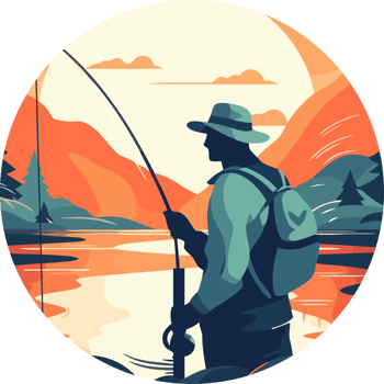 A man with a hat and backpack is fishing in the mountains png