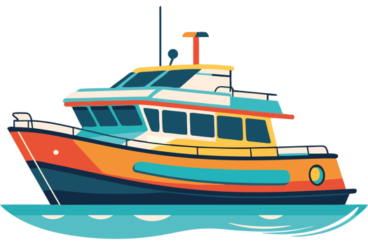 A boat floating on the water with a blue and orange color png