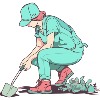 A cartoon woman in a hat and overalls is digging up dirt png