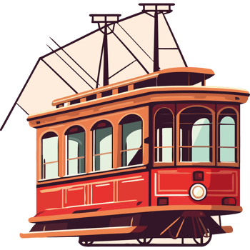 A cartoon red trolley car on a black background png