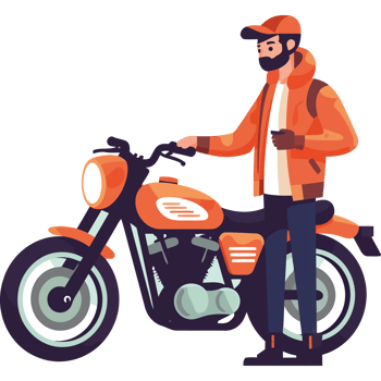 A man in an orange jacket is standing on a motorcycle png