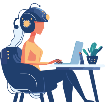 A woman wearing a helmet and sitting at a desk with a laptop png