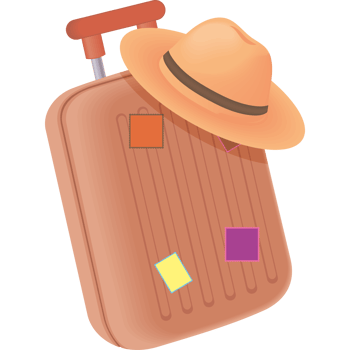 A suitcase with a hat and stickers on it png