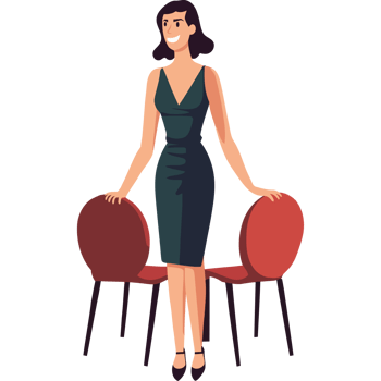 A woman in a dress standing next to two chairs png