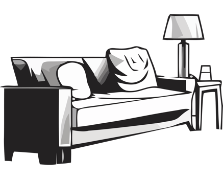 A black and white illustration of a couch and lamp png