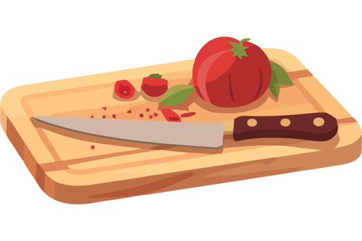 A knife and tomato on a cutting board png