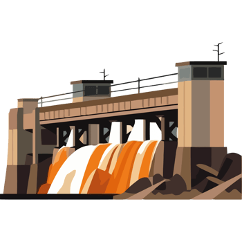 A cartoon illustration of a dam with water flowing over it png