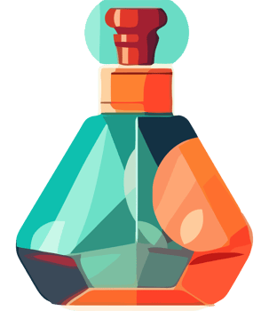 A bottle of perfume with an orange and a green apple png