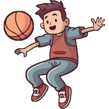 Cartoon boy jumping with basketball ball png