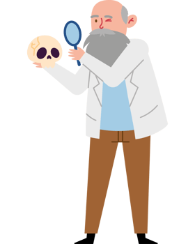 An old man holding a skull and magnifying glass png