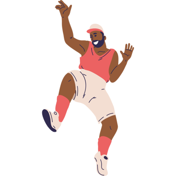 A cartoon man in a pink shirt and white sneakers is jumping png