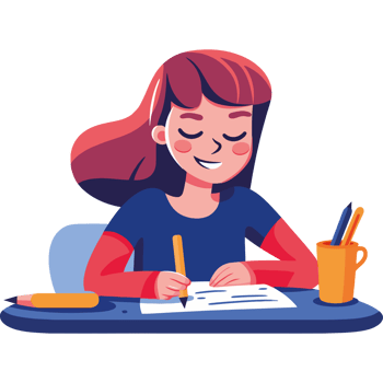 A girl is writing in a notebook and holding a pencil png