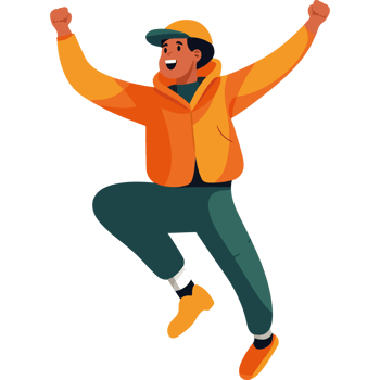 A man in an orange jacket and green pants is jumping png