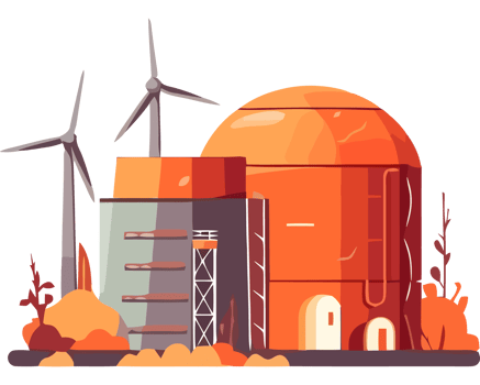 An orange building with wind turbines and a windmill png