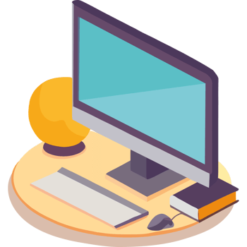 Computer desk with monitor, keyboard, mouse and lamp png