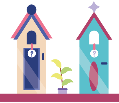 Two houses with a plant in one and a question mark in the other png