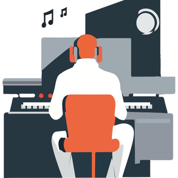 A man is sitting at a computer with headphones on png