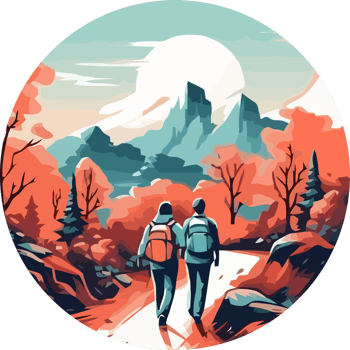 Two people walking in the woods with a mountain in the background png