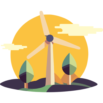An illustration of a wind turbine with trees and a sun png