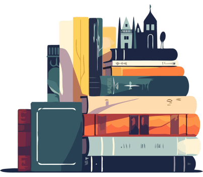 A stack of books with a castle in the background png