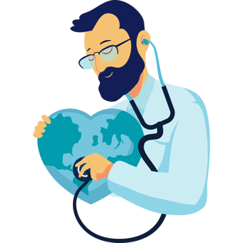 A man with glasses and a stethoscope is holding a heart shaped globe png