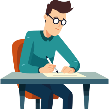 A man in glasses is writing on a piece of paper png
