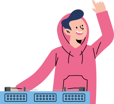 A man in a pink hoodie is holding up a dj mixer png