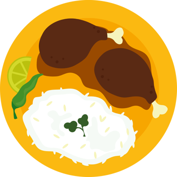 A plate with rice, chicken and a lime png