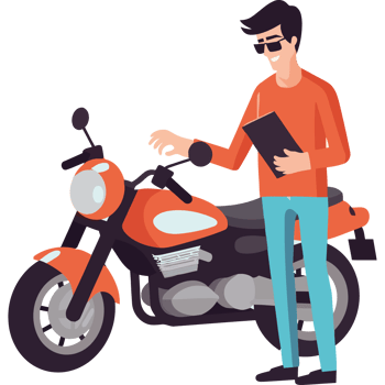 A man is standing next to a motorcycle with a clipboard png